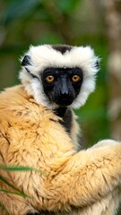 Fototapeta premium Close-up shot of a primate with tan fur, black face, white fringe, and big, yellow eyes