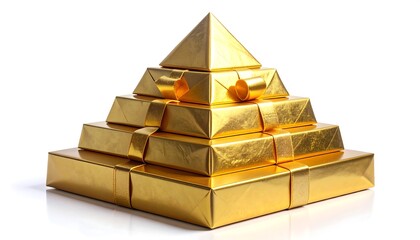 Golden gifts pyramid stacks on white. Symbolizes success, wealth, holidays. Perfect for festive designs, greeting cards, marketing campaigns.
