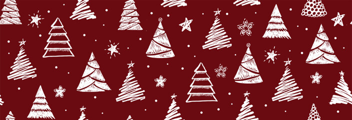 Christmas tree white on red, hand drawn illustrations.	