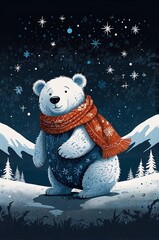 Cute cartoon polar bear wearing a knitted scarf standing in a snowy landscape under a starry sky