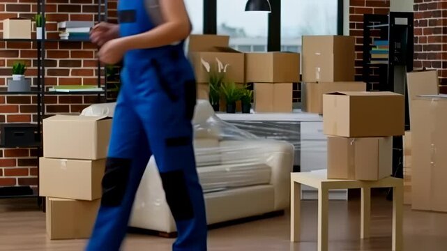 Professional movers handling cardboard boxes during relocation into new house carefully