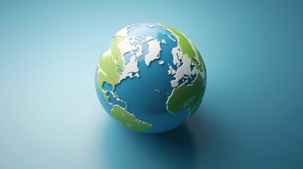 Vibrant 3D Earth globe with green and white continents and blue oceans, set on a soft gradient blue background, symbolizing global connectivity, environmental awareness, and worldwide reach.