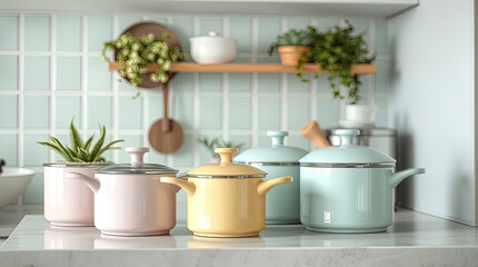 Obraz premium Stainless Steel Pots and Pans on a Modern Kitchen Counter