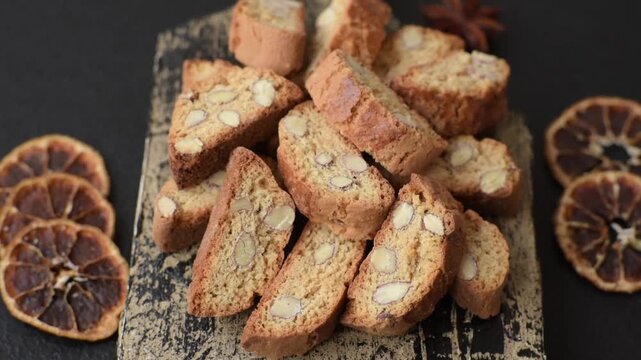 Italian cantuccini cookies with almonds, a sweet biscuit dessert. Cantuccini cookies as a food backdrop for your design