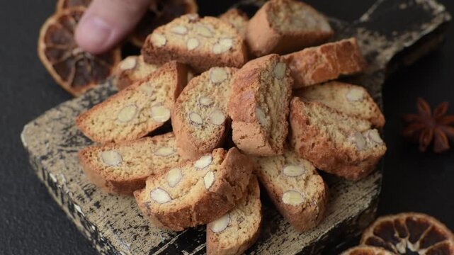 Italian cantuccini cookies with almonds, a sweet biscuit dessert. Cantuccini cookies as a food backdrop for your design