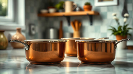 Stainless Steel Pots and Pans on a Modern Kitchen Counter