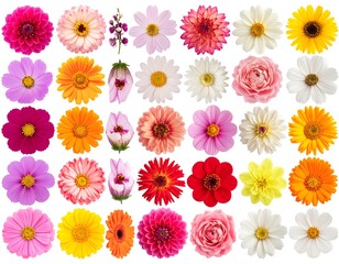 A vibrant assortment of various colorful blossoms arranged in a grid against a stark white background, showcasing botanical beauty