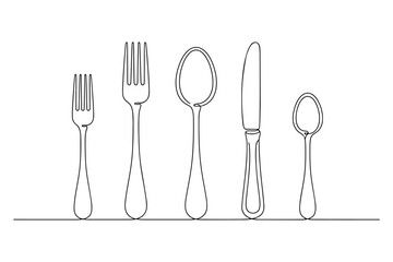 fork and knife,
Line Drawing of Cutlery,
Continuous Black Line Art of Forks, Spoon, Knife, and Teaspoon on White