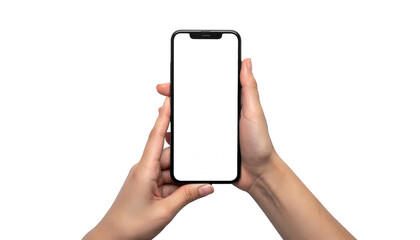 Hands holding a smartphone with a blank white screen, set against a solid black background