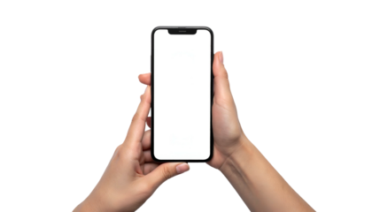 Hands holding a smartphone with a blank white screen, set against a solid black background