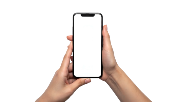Hands holding a smartphone with a blank white screen, set against a solid black background
