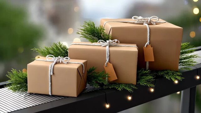 Winter holiday gifts stacked on a balcony with greenery and soft lights adding warmth to the festive atmosphere