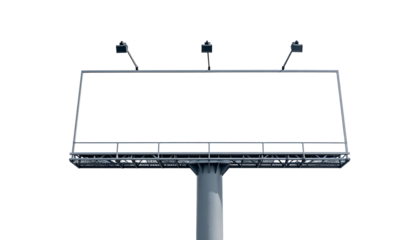 Isolated view of a blank billboard sign frame with a dark screen and spotlights