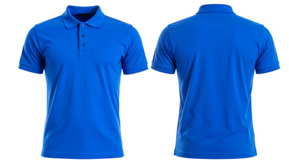 Two views of a bright blue short-sleeved polo shirt front and back perspectives