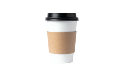 Isolated paper coffee cup with a black lid and cardboard sleeve, against a black background