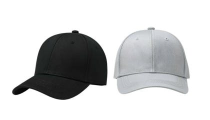 Two baseball caps, one black and one white, displayed against a solid black background