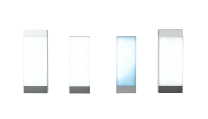 Four rectangular, light-colored panels with gray bases and white tops against a black background