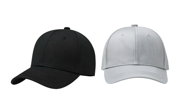 Two baseball caps, one black and one white, displayed against a solid black background