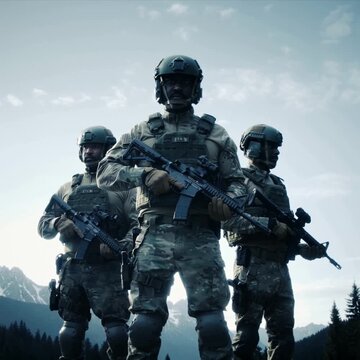Silhouettes of armed men in camouflage clothing holding rifles, conveying a paramilitary or commando concept.