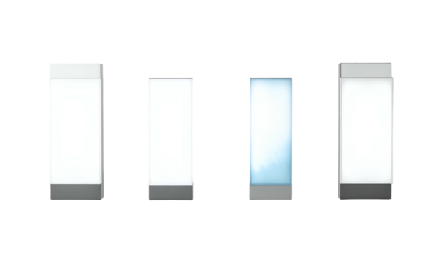 Four rectangular, light-colored panels with gray bases and white tops against a black background