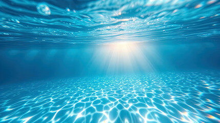 Obraz premium A view beneath clear blue water, rays of light penetrating the water's surface.