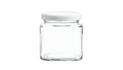 A transparent square glass jar with a white lid, isolated on a black background
