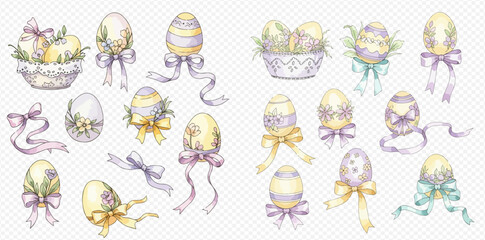 Watercolor illustration set of pastel Easter eggs decorated with delicate patterns, ribbons, and bows, some in baskets, on a transparent background.