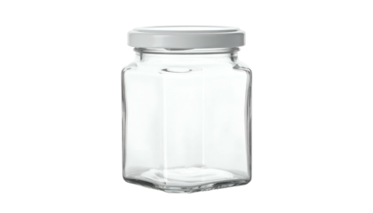A clear, square glass jar with a white lid, isolated on a black background