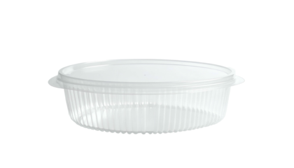 A clear, oval-shaped plastic food container with a lid. The sides are ribbed for grip