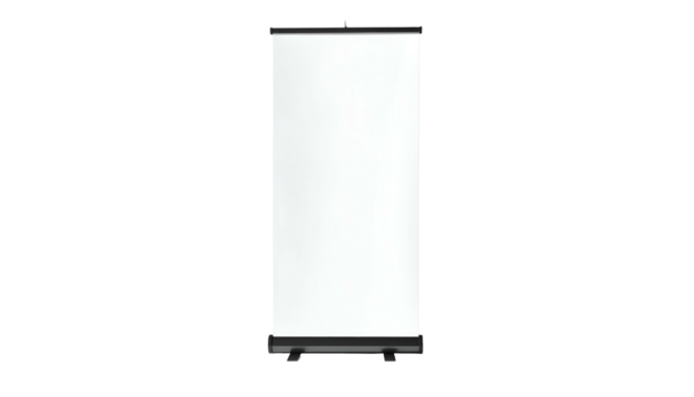 Isolated upright white display screen on a black frame. Rolling base, dark backdrop