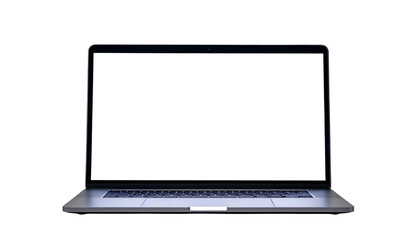 Front view of a modern, silver laptop with a black screen, isolated on black background