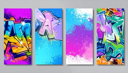 Four vibrant rectangular backgrounds feature dynamic graffiti art
