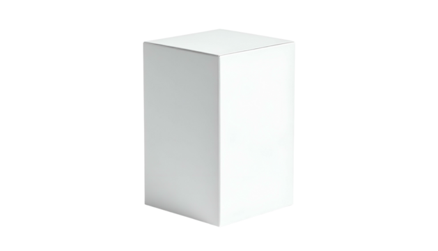 A white, geometric, rectangular prism stands against a stark black background