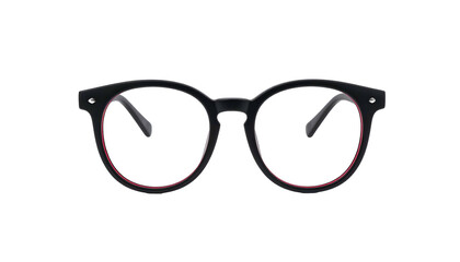 Stylish black-framed eyeglasses with red inner rims, isolated against a stark black background