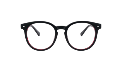 Stylish black-framed eyeglasses with red inner rims, isolated against a stark black background