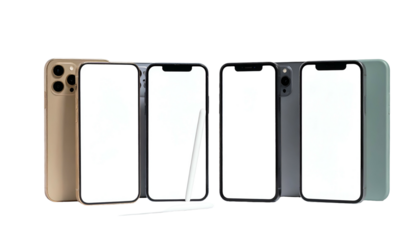 Collection of smartphones, various colors and angles, blank screens, isolated against black