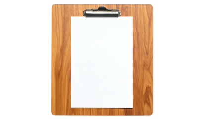 Wooden clipboard holding a blank white paper, top view. Solid black background