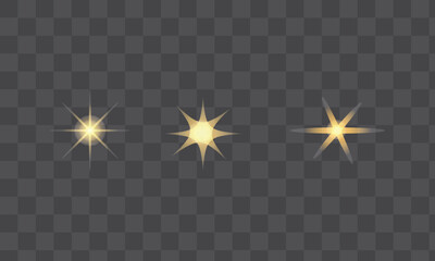 Golden star light effect collection shining on a transparent checkered background