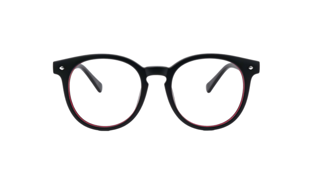 Stylish black-framed eyeglasses with red inner rims, isolated against a stark black background