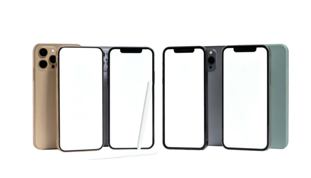 Collection of smartphones, various colors and angles, blank screens, isolated against black