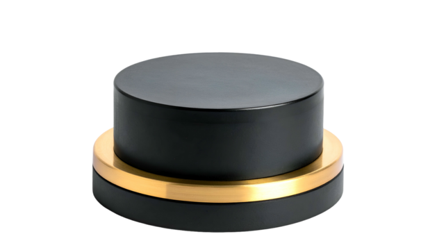 Cylindrical object with black top, gold band, and black base on a black background