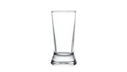 Clear, empty, tall drinking vessel with flared base, standing upright against a dark backdrop