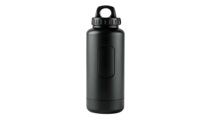 A sleek, black, cylindrical water bottle with a handle and a recessed area