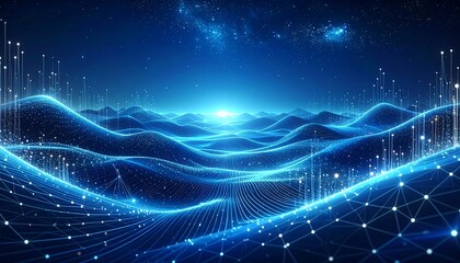 Digital Ocean Waves with Glowing Connections and Bright Horizon.