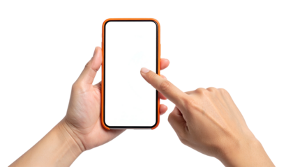 Hands holding a mobile phone with a white screen, finger touching the display against black background