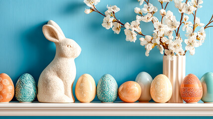 Charming easter bunny and painted eggs on a shelf with spring blossoms
