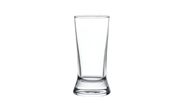 Clear, empty, tall drinking vessel with flared base, standing upright against a dark backdrop