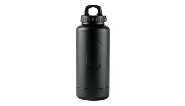 A sleek, black, cylindrical water bottle with a handle and a recessed area