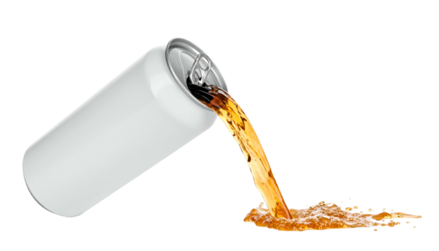 A silver can spills a dark brown liquid onto a dark background. Liquid forms a small puddle