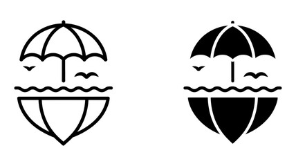 Obraz premium Vector Illustration of a beach umbrella and ocean waves in two styles, representing vacation, relaxation, and summer
